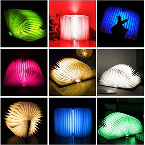 Lampe de livre LED en bois, idées cadeaux de Noël, lampe de livre magnétique pliable, lampe de papier LED rechargeable par USB, lumière décorative (Tricolore) (1/4)