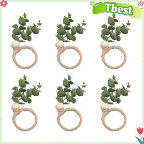 Tbest Anneaux de serviette d’eucalyptus Lot de 6 Ronds de Serviette Tissés en Fausse Feuille ABS + Lin + Bois hygiene kit (1/5)