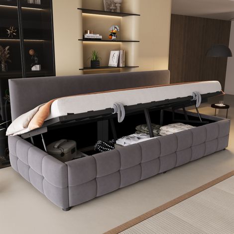 Cama individual tapizada moderna de terciopelo gris 90x200 cm con arcón hidráulico, respaldo cabecero y somier de láminas (1/5)