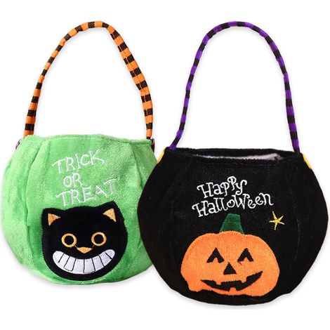 Lot de 2 sacs à bonbons en peluche pour Halloween - Motifs citrouille et chat, sacs à friandises réutilisables pour la chasse aux bonbons, cadeaux d'invités, vert et noir (1/5)