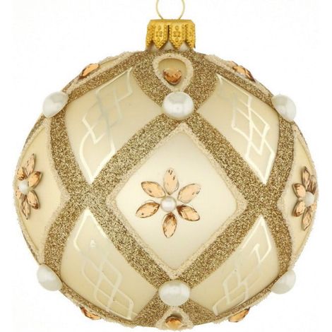 Pallina per albero di Natale in vetro beige con decorazioni color champagne da 10 cm (1/4)
