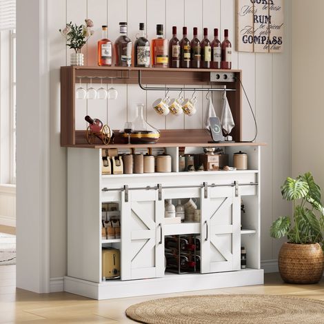 Buffet de Cuisine et Bar à Café 120x40x130 cm, Porte-Verres, 5 Crochets, 2 Prises AC + 2 USB, Portes Coulissantes, Blanc et Naturel (1/5)