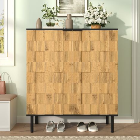 Scarpiera a 2 ante con motivo mosaico, ripiani regolabili, mobile da ingresso finitura legno con gambe in metallo, per 12 paia, 80 x 35 x 91,5 cm, colore naturale
