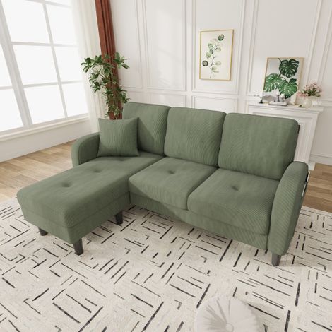Canapé d'angle en L — 3 places, revêtement en velours côtelé, pieds en plastique, design modulable. (1/4)