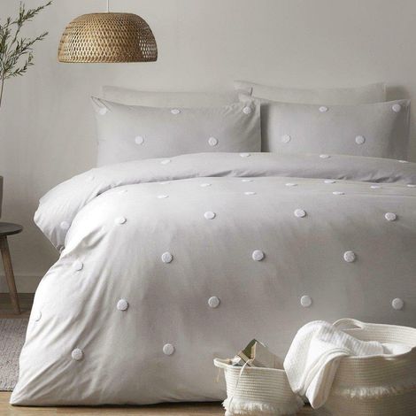 Parure de lit Double - Motif Jardin à Pois - 100% Coton - Blanc à Pois argentés - Comprend 1 Housse de Couette (200 x 200 cm) et 2 taies d'oreiller (50 x 75 cm) (1/5)