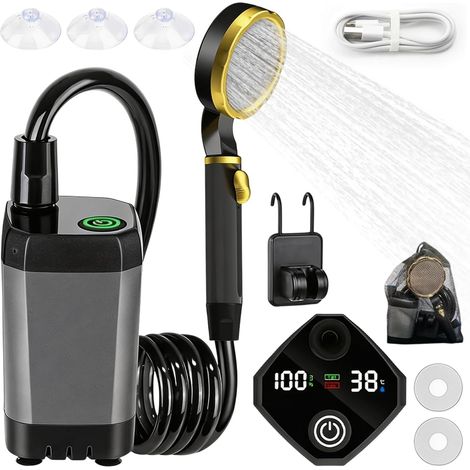 Douche de camping portable avec pompe et batterie rechargeable 9000 mAh, kit de douche mobile avec pommeau de douche, tuyau de 2 m, pistolet pulvérisateur et support pour Vanlife, plage, voyage (1/5)