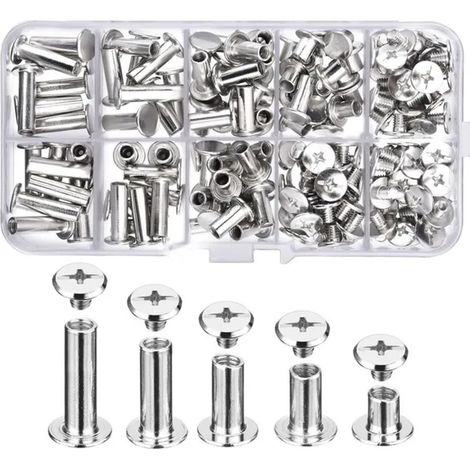 ZHIJIA PREMIUM Assortiment de 80 vis Chicago acier au carbone nickele 5 tailles pour cuir et reliure (1/4)