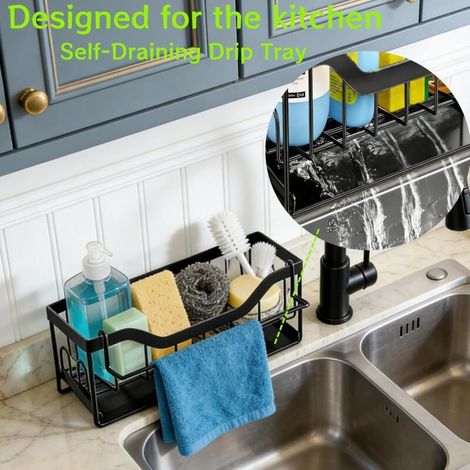 Bardusch Porta spugna per lavello da cucina - Organizzatore per lavello con vassoio autodrenante, ripiano portaoggetti da appoggio in acciaio inox, nero (1/4)