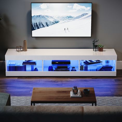 ELEGANT 1800mm High Gloss LED TV Stand Ambient Light TV Cabinet Large Storage Space Glass Partition, White (1/5)