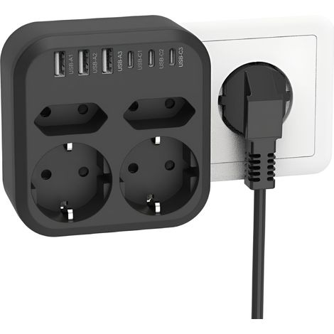 Multiprise 4 prises 6 ports USB (3A+3C), protection surtension, montage mural, design compact, noir (1/5)