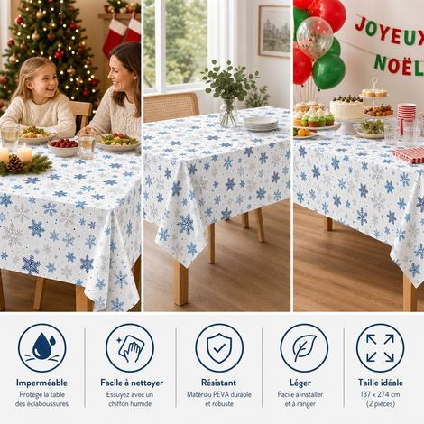 Lot de 2 Nappes de Noel Bleues Flocons PEVA 137 x 274 cm Jetables Impermeables (1/4)