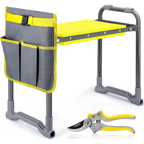 Repose-genoux et siège de jardin robuste avec poignées – Tabouret de jardinage pliable 2 en 1 pour personnes âgées, banc ergonomique jaune à genoux et coussin, sécateur bypass inclus (1/5)