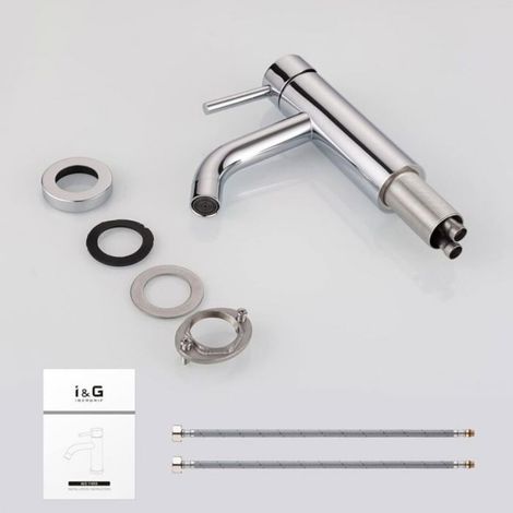 Mitigeur lavabo monocommande, robinet salle bain à tiroir céramique faible bruit, corps acier inoxydable argent (1/4)