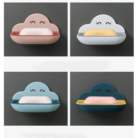 4 Stück doppelschichtige Seifenschalen aus Kunststoff, abnehmbar zur einfachen Reinigung, wandmontierter Seifenhalter, Seifenschale für Badezimmer, Dusche, Küche, Wolkenform (blau, rosa, weiß, dunkelb
