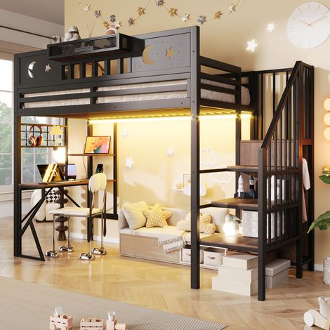 Lit mezzanine adulte 90x200 cm en métal avec bureau, lit surélevé panneau avec perforé, étagères, garde-corps, pieds en K, USB et LED, noir (1/5)
