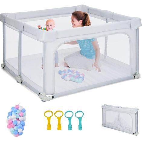 COSTWAY Parque Infantil Bebe Plegable, Parque de Juegos para Bebé, 124x124x70cm, Corralito Bebe con Dispositivos de Bloqueo y Ventosas Antideslizantes, 50 Bolas, 4 Anillos de Agarre (Gris Ligero) (1/5)