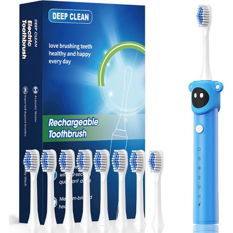 Brosse à dents électrique sonique enfant bleue 8 têtes de remplacement, poils DuPont souples, étanche Bleu (1/5)