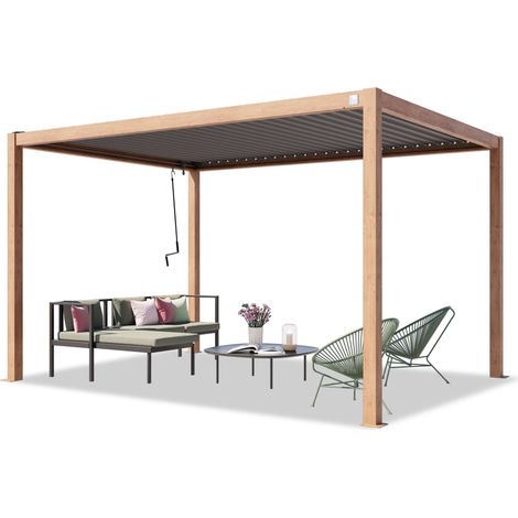 PRIMEYARD Pérgola 3x4 m postes de aluminio aspecto de madera con techo de lamas de acero pabellón de jardín (1/5)