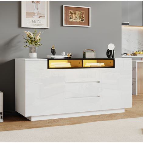 Aparador de aglomerado blanco y negro 140 x 40 x 68 cm, 2 puertas, 3 cajones, 1 balda regulable y LED (1/5)