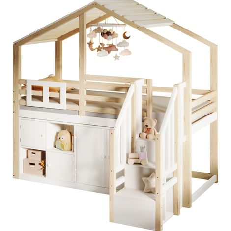 Letto a soppalco 90x200 cm a forma di casa con sponde, scala contenitore e finestra, bianco e legno naturale, salvaspazio per bambini - CHICFURN (1/5)