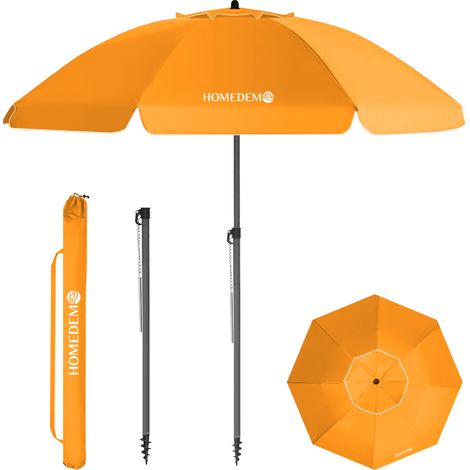 HOMEDEMO Parasol Plage Inclinable avec Revêtement Argenté, Protection Solaire UV50+, avec Pied d'Ancrage à Visser & Housse de Protection, pour Terrasse, Piscine, Marché, 200cm, Orange (1/5)