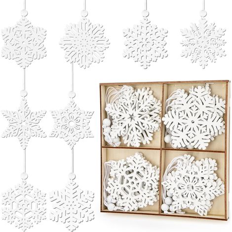 Flocons de Neige en Bois Ornement, Décorations Sapin de Noël à Suspendre, Pendentifs de Bois avec Ficelle en Jute, pour Déco de Fête d'hiver, Décoration Bricolage et Cadeau - 16 pièces, Blanc (1/5)