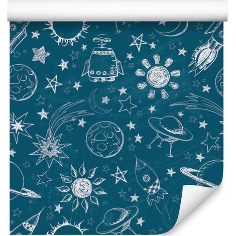 Papel pintado de estrellas, sol y planetas para salón y dormitorio, 50x1000 cm. (1/5)
