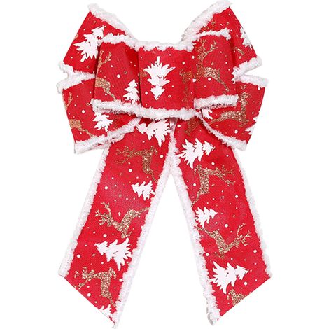 Nœud En Velours Rouge Pour Sapin De Noël, Ruban À Bordure Rigide Avec Garniture Blanche, Décoration Artisanale Imprimé Lin Et Polyester 40 Cm -KZQ (1/2)