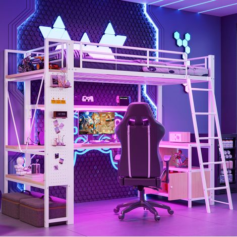 lit adulte rangement 90x200 metal blanc bureau LED USB OKMYHOME (1/5)
