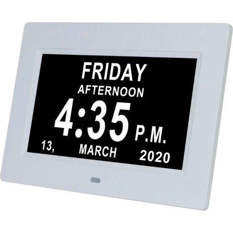 Horloge calendrier numérique tout-en-un de 7 pouces avec date et heure, rappel de médicaments pour grands-parents et enfants - Blanc