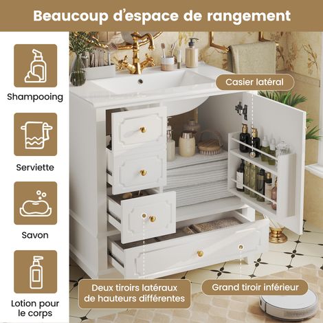 Meuble sous vasque blanc en MDF avec lavabo en céramique antibactérienne, porte et poignées dorées pour salle de bains et toilettes (1/5)