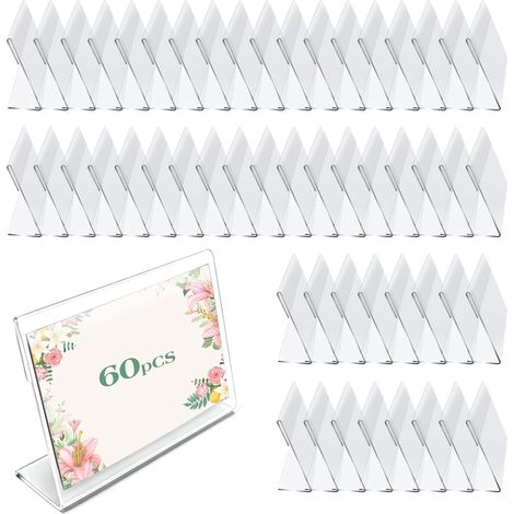 Lot de 60 porte-étiquettes en acrylique - 6 x 9 cm - Transparent - Présentoir de table en forme de L horizontal - Pour restaurant, bureau, magasin, buffet (1/5)