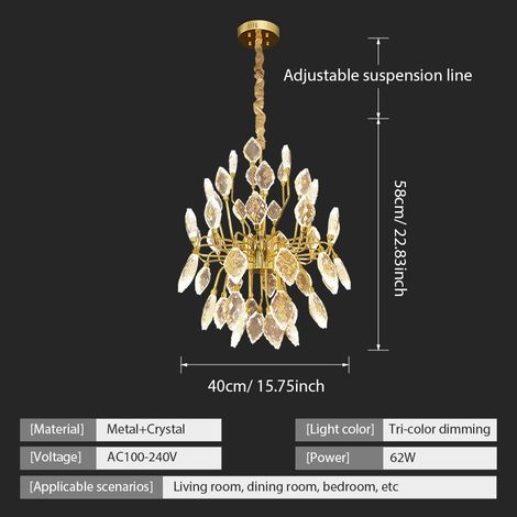 Moderne LED Hängeleuchte Gold, Kristall-Lampe im Blätter-Design, 3 Lichtfarben, Dimmbar, Elegante Deckenleuchte