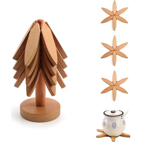 Dessous de Plat Bois, Assiette, Forme d'arbre Créative Plat, Rétrécissement Automatique, avec Base de Rangement, pour Assiettes, Tasses, Pots (1/5)