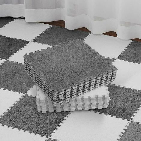 16 Pieces Plush Puzzle Foam Floor Mat Interlocking Squares Fluffy Tiles with White and Gray Border Play Mat Puzzle Floor Tiles Soft Climbing Mat for Home Playroom Decor (1/5)