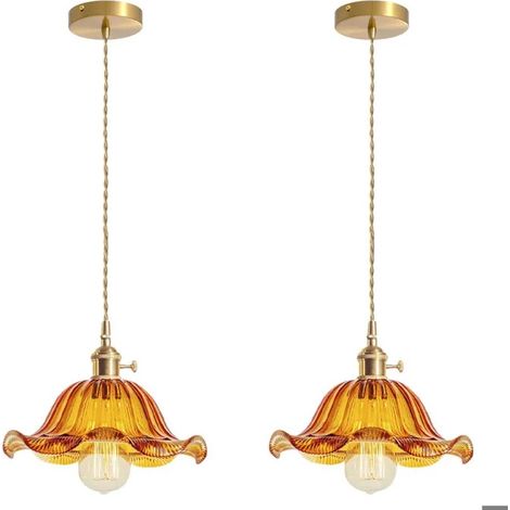 2pcs Lustre Suspension Industriel,Lampe de Plafond Vintage Abat-jour en Verre Design Fleur E27 Luminaire Suspension Retro,25cm (1/5)