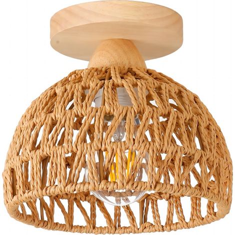 E27 Plafonnier Vintage Lampe de Plafond Bois Corde de Chanvre Suspension Luminaire Intérieur Couleur Lin Ø20CM - 1Pcs