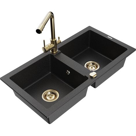 Mexen Mario 2-Becken-Granitspüle mit Mischbatterie Duero, Schwarz/Silbermetallic - 6504-73-671600-50 (1/5)