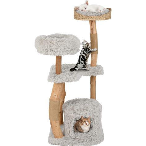 Torre per gatti in legno massello con pali di corda di juta nicchia per gatti, Albero per gatti in legno alto 124 CM Grigio (1/3)
