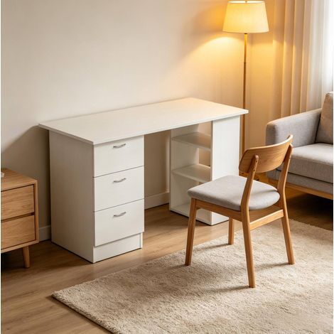 Bureau ordinateur 120x49x72 cm en MDF blanc, avec rangement pour bureau FloraGrace (1/5)
