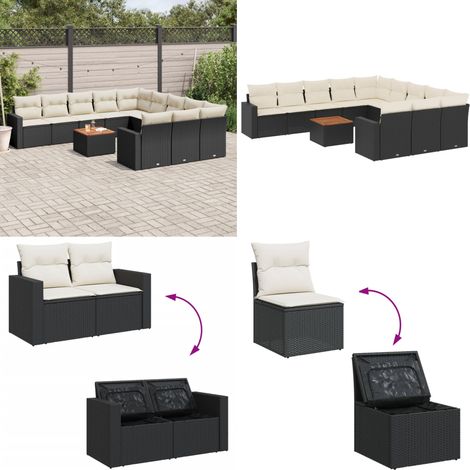 12-tlg. Garten-Sofagarnitur mit Kissen Schwarz Poly Rattan - Gartenmöbel Set - Esszimmergarnitur Outdoor - Lounge Möbel - Rattan Gartenset - Balkonmöbel - Home & Living (1/5)
