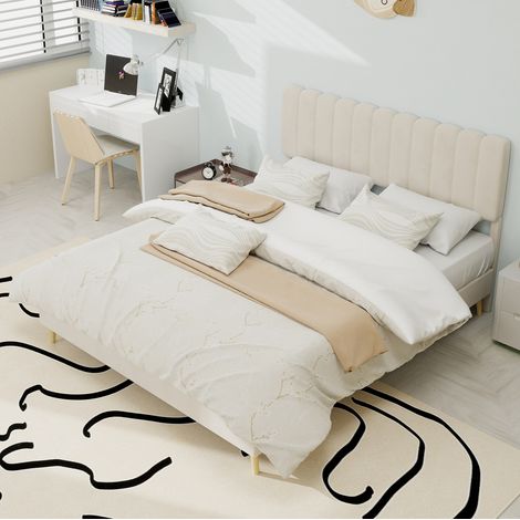 Letto adulto 140x200 cm con testiera a righe, rete a doghe, velluto beige, materasso non incluso (1/5)