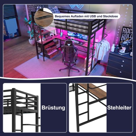 Lit mezzanine 90x200 cm avec éclairage LED intégré, bureau, prise électrique et port USB, 3 tiroirs, étagères, rambarde et échelle. Matelas non fourni. Teinte noire. (1/5)