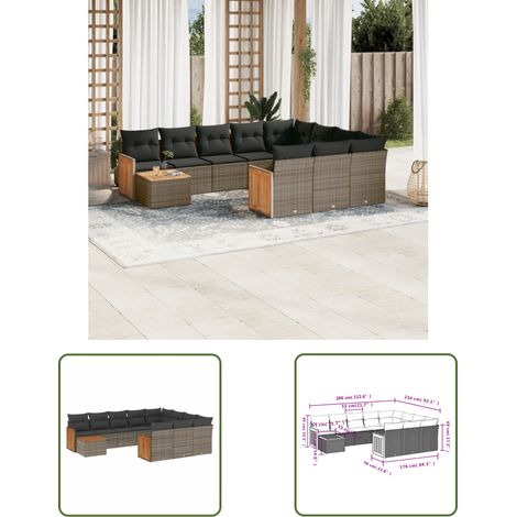 The Living Store 11-tlg. Garten-Sofagarnitur mit Kissen Grau Poly Rattan - Gartenmöbel - PE-Rattan Möbel - Outdoor Set - Lounge Set - Esstisch