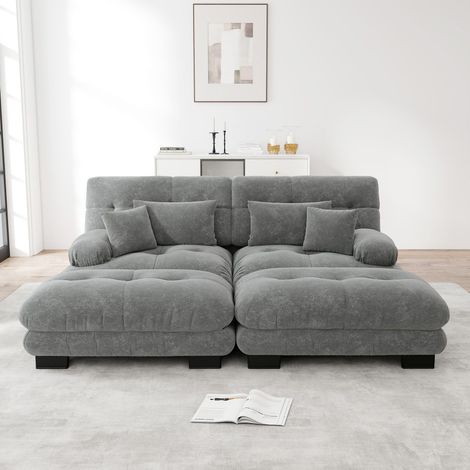 Canapé d'angle Cloud-Chenille grise-Rembourré-Accoudoirs larges-2 coussins+Avec 2 ottomans-220x 145x81cm (1/5)