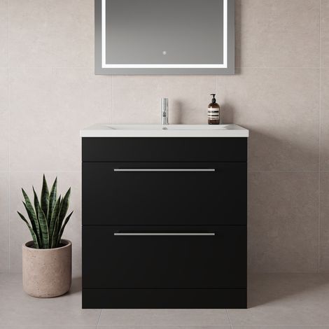 Napoli 460 Matt Black 800mm 2 Drawer Vanity Unit with Glide Basin - 800mm - Chrome 480mm Handle