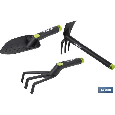 Set de 3 herramientas de jardinería (incluye trasplantador, rastrillo y azuela) (1/4)