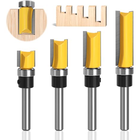 Lntyq Schaft-Bündigfräser-Bits, 4 Stück 6,35 mm Schaft-Bündigfräser-Bits, professionelles Zubehör mit Kugellagern, Holzbearbeitungswerkzeuge, Fräser (1/5)