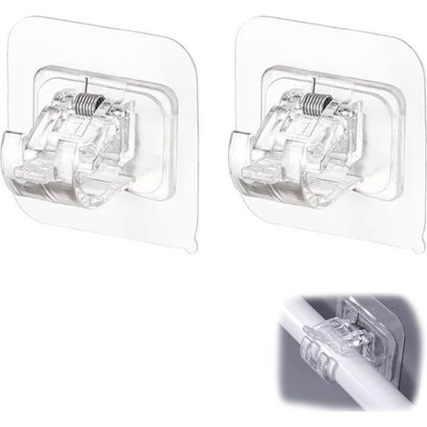 Tringle à rideaux télescopique blanche non perforée pour meuble de rangement de cuisine et de salle de bain, avec support à crochets et clips. (1/5)