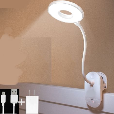 Batteriebetriebene Klemm-Nachttischlampe mit 3 Helligkeitsstufen, USB-Ladekopf und USB-Ladekabel. (1/5)